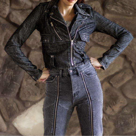 Ralph Lauren Moto Jean Jacket in Distressed Black Denim w/ Zipper Pockets XS - Picture 2 of 16